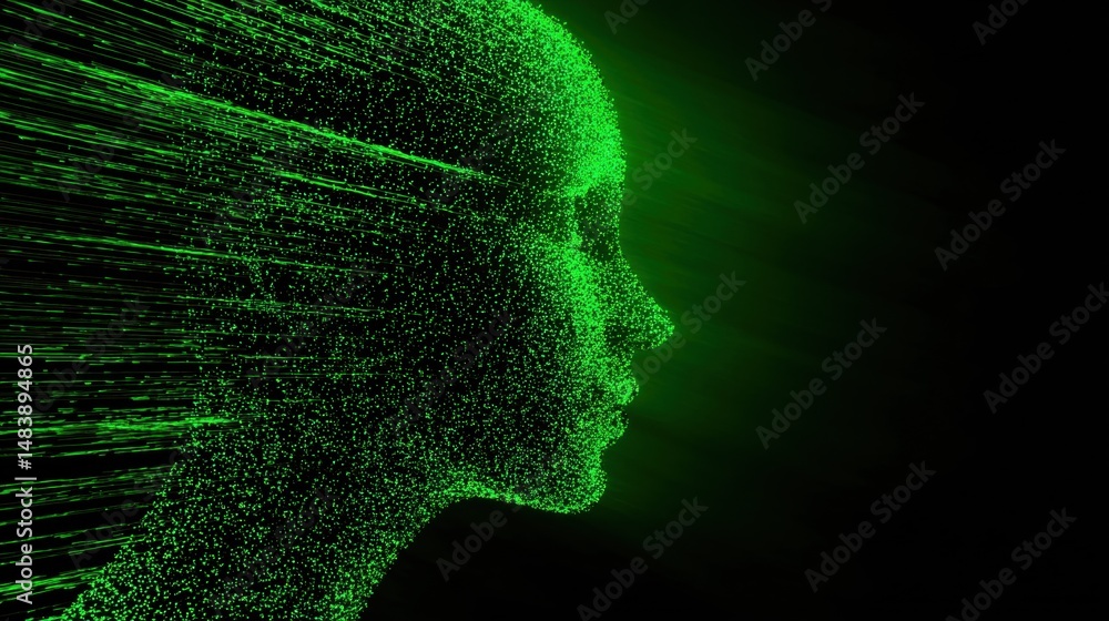 Obraz premium Digital human face made of green particles 