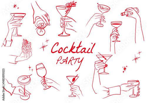 Alcohol cocktail bar doodle set, hand drawn Cocktail Drinks, Cocktail Glasses, hand holding cocktail, cheers, vector hand drawn beverages party illustration, champagne glasse,