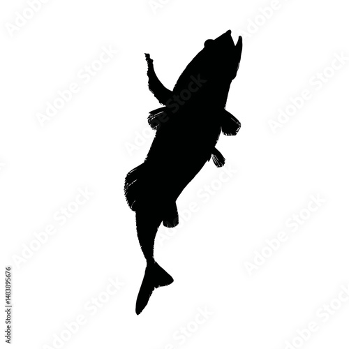 Solid black silhouette of a fish leaping
