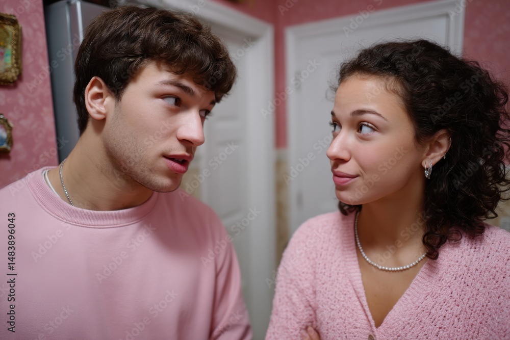 Naklejka premium A candid moment between two young individuals sharing an engaging look in a cozy, pastel-toned kitchen setting, embodying friendship and warmth in their expressions.