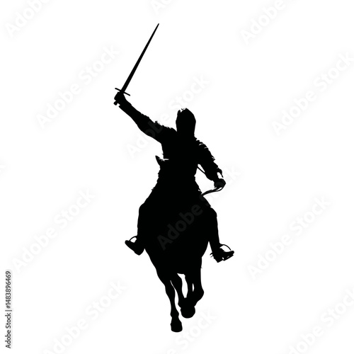 Solid black silhouette of a knight charging