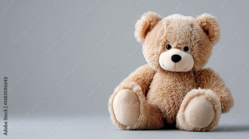 Obraz premium Soft teddy bear sitting on gray background 