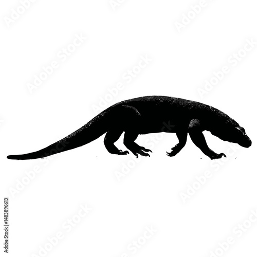Solid black silhouette of a Komodo dragon walking