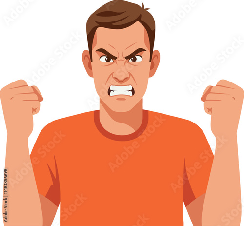Angry man with clenched fists in orange shirt expressing frustration vector illustration 