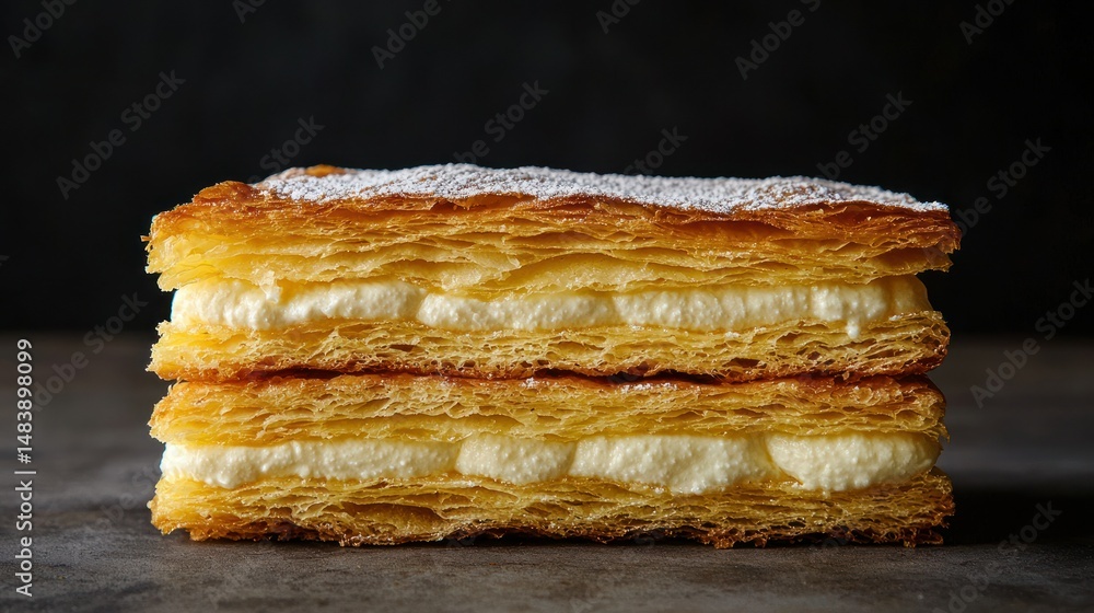 Creamy, layered pastry with powdered sugar topping Creamy, layered pastry with powdered sugar topping