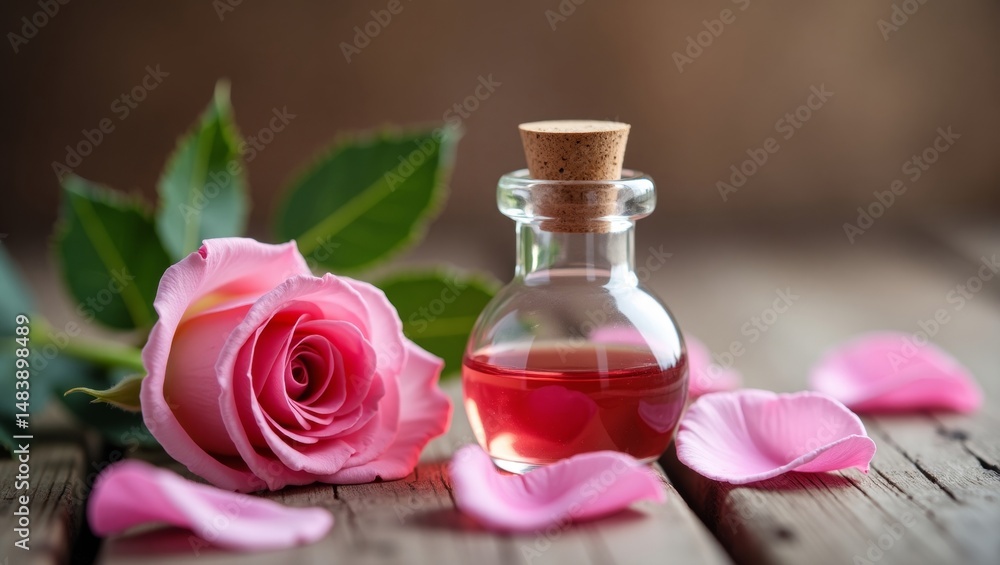 Elegant still life with pink rose and glass bottle on rustic wood surface Elegant still life with pink rose and glass bottle on rustic wood surface