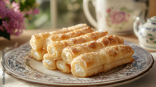 Canas de Crema, Cream-filled Pastry Canes, light, flaky pastry filled with luscious cream, elegantly arranged on a fine dessert plate