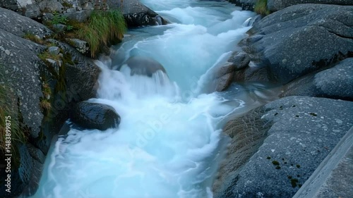 Mountain stream with rapids, refreshing water, flowing gently, rocky terrain, copy space