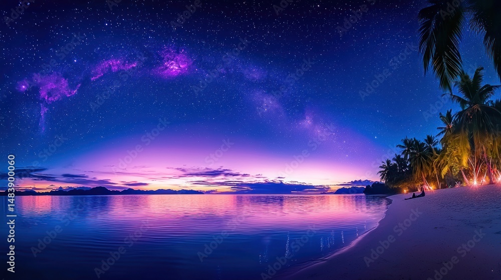 Fototapeta premium Tropical Beach Sunset with Milky Way Galaxy Starscape