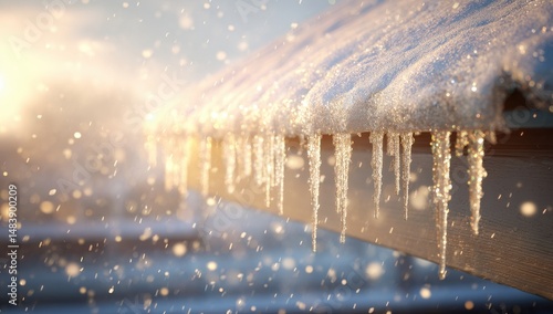 Sparkling Icicles on a Snow-Covered Roof at Sunset