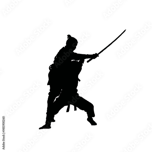 Solid black silhouette of a samurai dueling