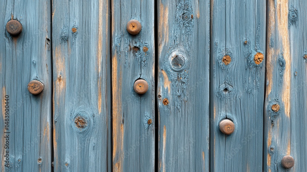Fototapeta premium Weathered blue wooden planks feature rusty nail heads and variations of gray and green hues, showcasing signs of age and wear.