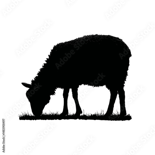 Solid black silhouette of a sheep grazing