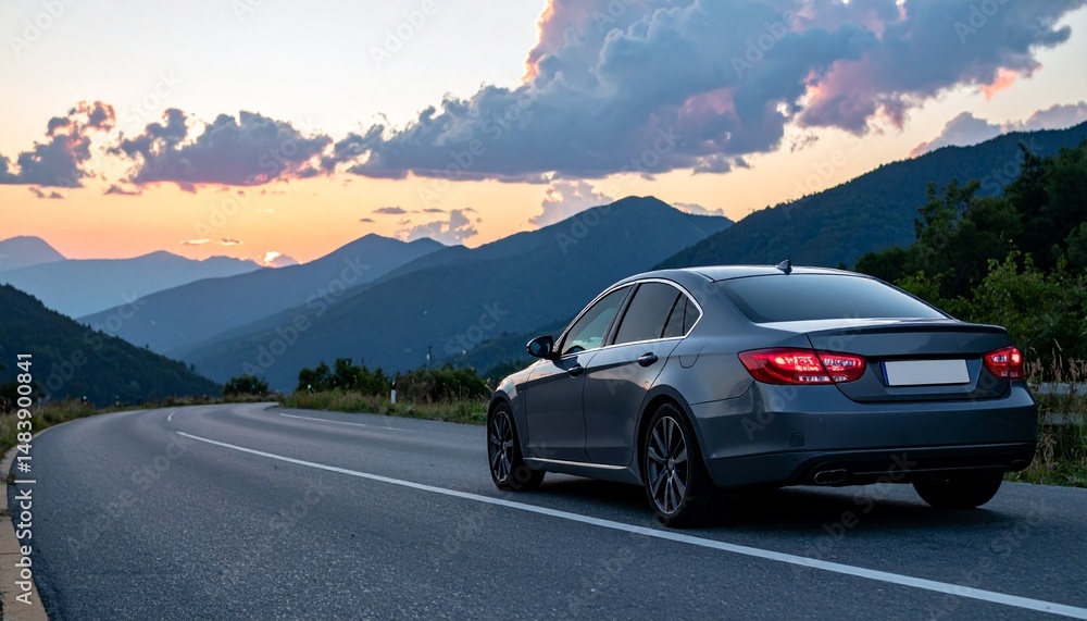 Fototapeta premium Dark Grey Luxury Sedan on Winding Mountain Road during Dusk