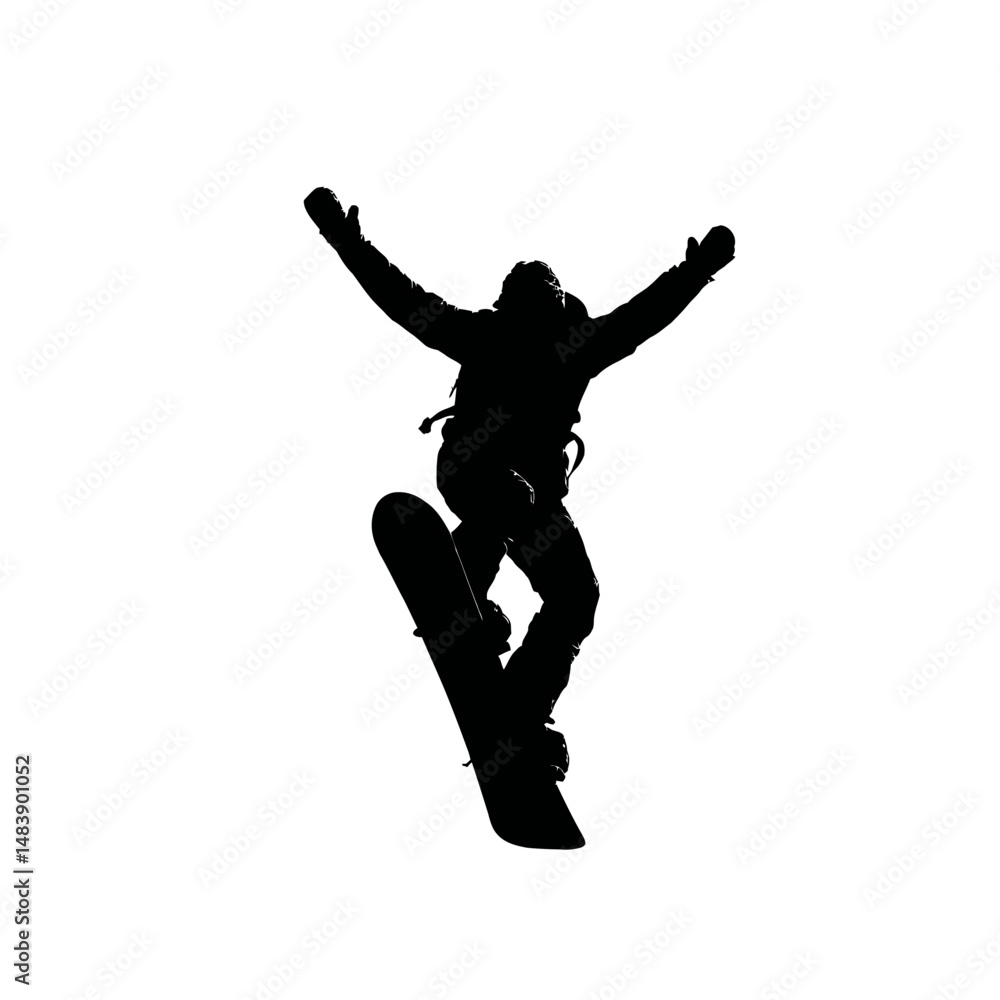 Solid black silhouette of a snowboarder jumping Solid black silhouette of a snowboarder jumping