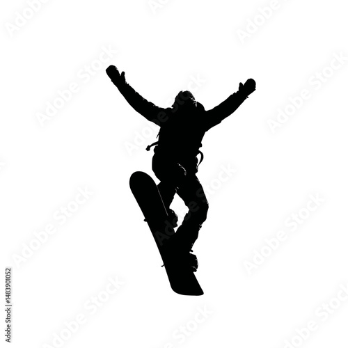 Solid black silhouette of a snowboarder jumping