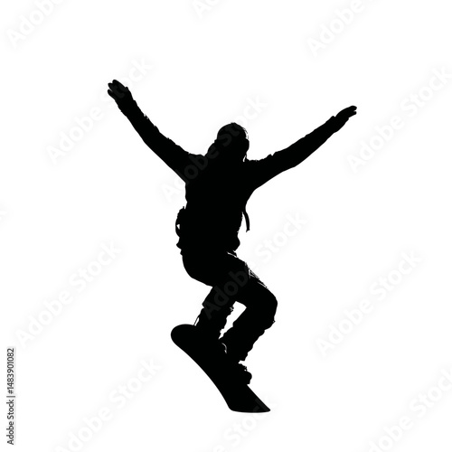 Solid black silhouette of a snowboarder jumping