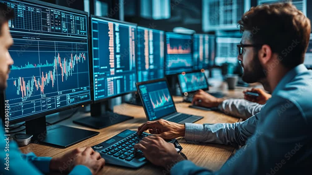 Financial analysts at work analyzing stock market data on multiple screens Financial analysts at work analyzing stock market data on multiple screens
