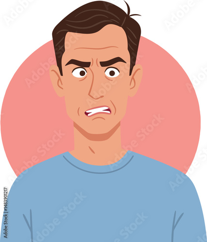 Man with confused expression wearing blue shirt vector illustration in flat style 