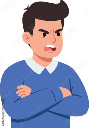 Angry man with crossed arms in blue sweater vector illustration for emotions and expressions 