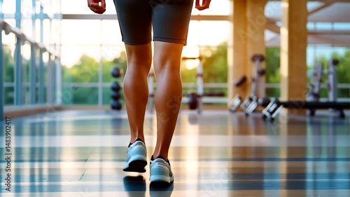 Fitness and movement person walking in gym with bright sunlight