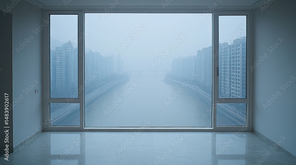 Fototapeta premium Empty room view on a foggy cityscape and a river