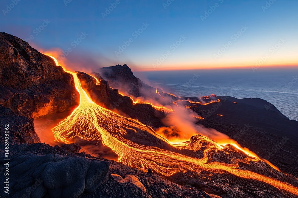 Fototapeta premium Lava Flowing Down Volcanic Mountainside At Sunset