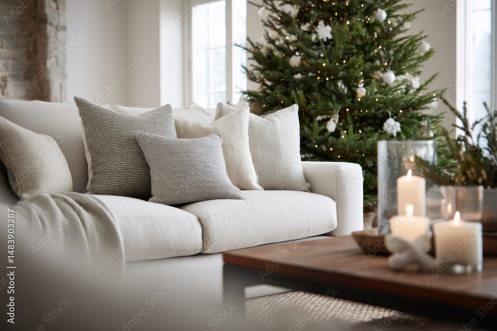 Fototapeta premium cozy living room decorated for christmas featuring beautifully adorned tree and warm lights