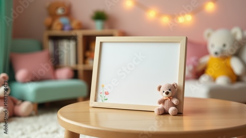 Colorful mockup frame for children's photos in a cozy room setting.