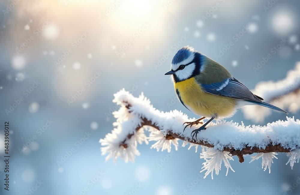 Obraz premium Blue tit bird perched on snowy branch. Winter wonderland landscape with falling snow. Colorful European bird in winter, portrait in frosty conditions. Nature beauty concept perfect for Christmas