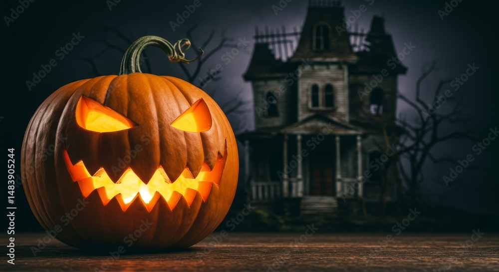 Obraz premium Haunted House Halloween Pumpkin - A menacing jack-o'-lantern glows ominously before a spooky haunted house, symbolizing autumn, Halloween, fear, harvest, and the supernatural