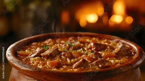 Chanfaina, Lamb and Rice Stew, tender lamb, rice, and spices, served in a clay pot with a rustic Spanish kitchen in the background, glowing with warm, ambient light