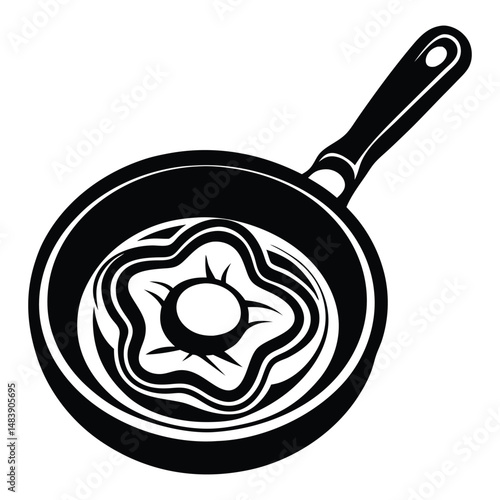 Vector illustration of fried egg on the pan in engraving style black and white, Egg omelet food silhouette vector illustration