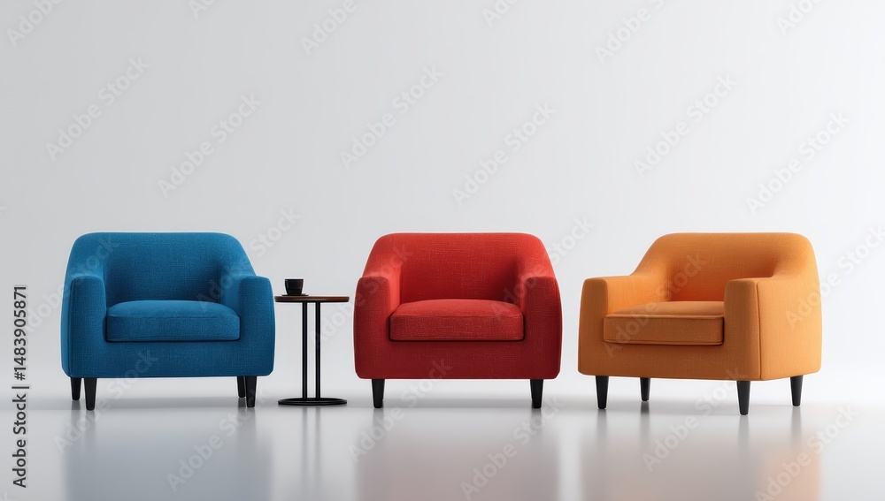 Fototapeta premium Three Modern Armchairs in Blue, Red, and Orange