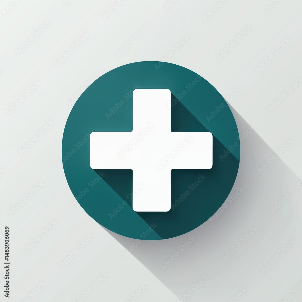 Fototapeta premium Medical icon, a white cross on a green circle. Symbol for hospital, pharmacy, first aid, health, medicine. Swiss flag inspired design, web, emergency assistance.