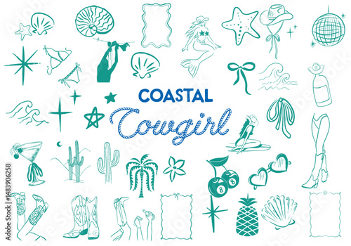 Coastal Cowgirl Set of hand drawn coquette elements, western, beach, surfer girl, bikini drying, 8 ball, stars, cactus, saguaro, hand drawn mermaid, coastal cowgirl illustrations