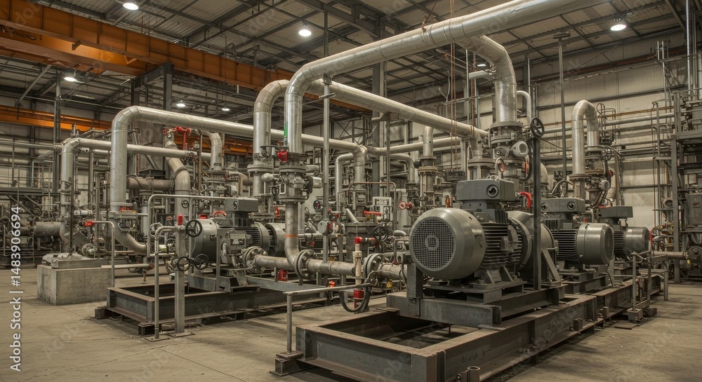 Industrial Pumping System in Facility - A large industrial pumping system with extensive piping and machinery in a spacious facility Industrial Pumping System in Facility - A large industrial pumping system with extensive piping and machinery in a spacious facility
