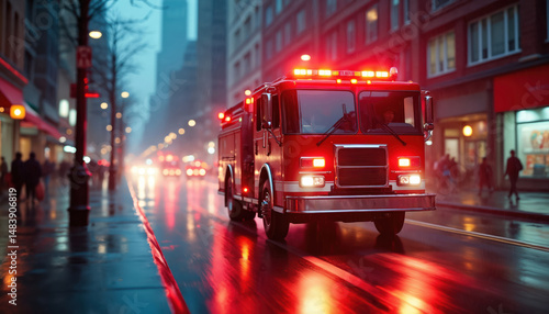 Red fire engine with emergency lights travels on wet city street. Illustration of fire truck driving fast through urban area. Firefighters, rescue service, emergency response, public safety concept.