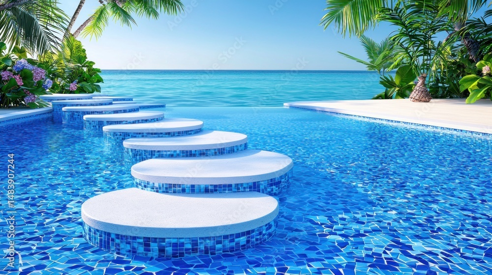 Obraz premium Tropical Pool Steps Ocean View Luxury Resort Design