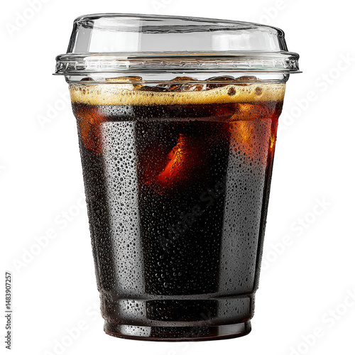 Iced coffee in a clear plastic cup with a lid refreshing summer drink isolated on white background