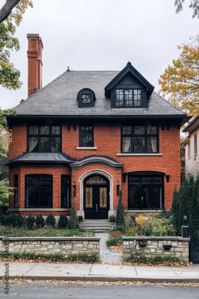 This stunning elegant red brick house boasts large, beautiful windows and intricate architectural details, nestled in a serene neighborhood during the vibrant autumn season This stunning elegant red brick house boasts large, beautiful windows and intricate architectural details, nestled in a serene neighborhood during the vibrant autumn season