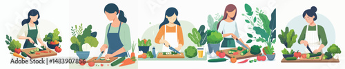 vector character woman cutting vegetables