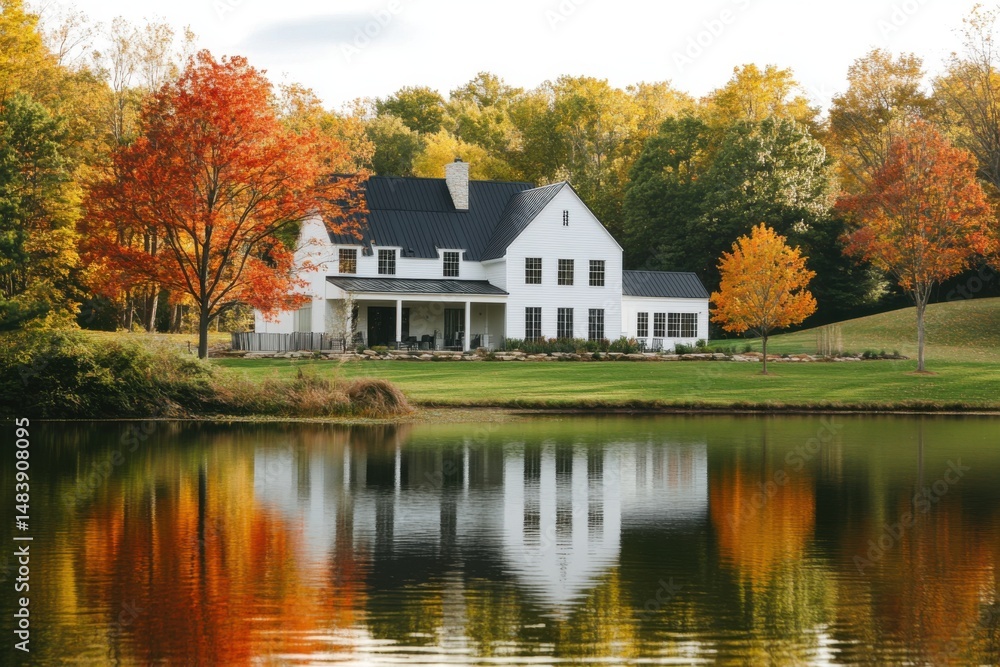 The tranquil evening sky casts a warm glow on the serene pond, where vibrant autumn hues mirror the charming white house nestled in the peaceful rural landscape The tranquil evening sky casts a warm glow on the serene pond, where vibrant autumn hues mirror the charming white house nestled in the peaceful rural landscape