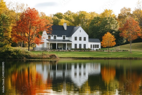 Wallpaper Mural The tranquil evening sky casts a warm glow on the serene pond, where vibrant autumn hues mirror the charming white house nestled in the peaceful rural landscape Torontodigital.ca