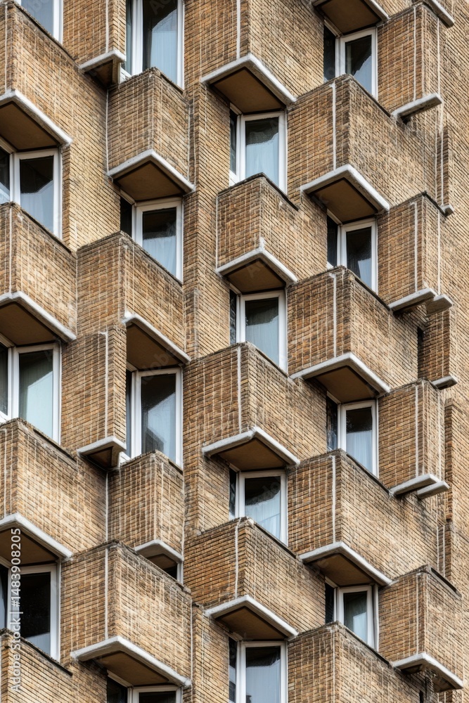 Obraz premium Unique architectural design featuring honeycomb structure of a residential building in an urban environment during daylight, showcasing modern construction techniques