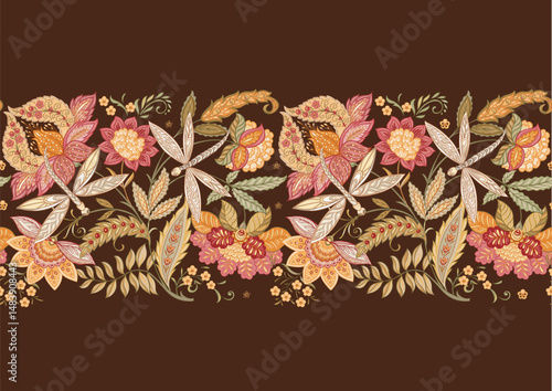 Fantasy flowers and dragonflies in retro, vintage, jacobean embroidery style. Seamless pattern, background. Vector illustration.