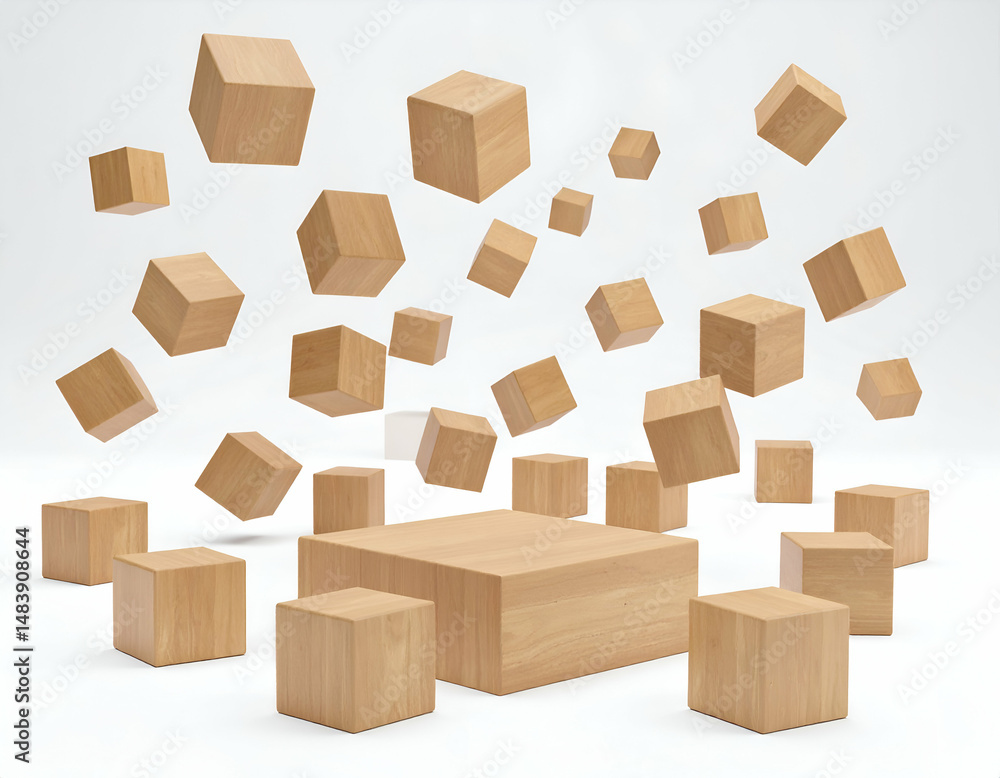 Fototapeta premium Wooden cubes levitate and fall around a central platform