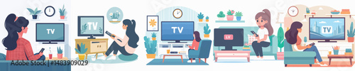 woman character vector watching television