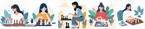 vector character woman playing chess