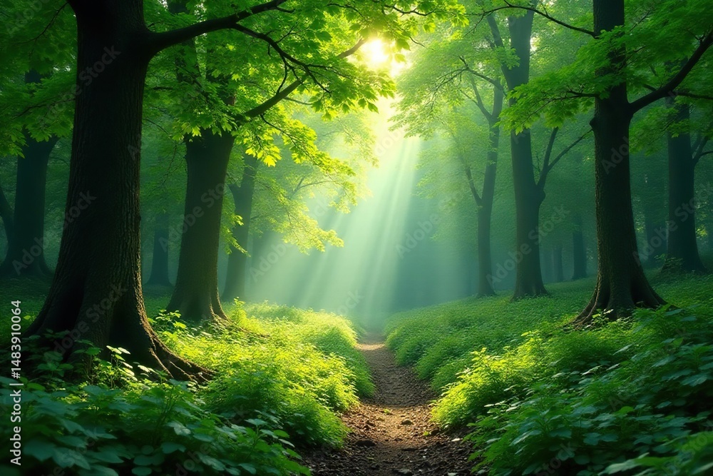 Obraz premium Lush green forest scene, dappled sunlight filtering through leaves , landscape, vista, asset